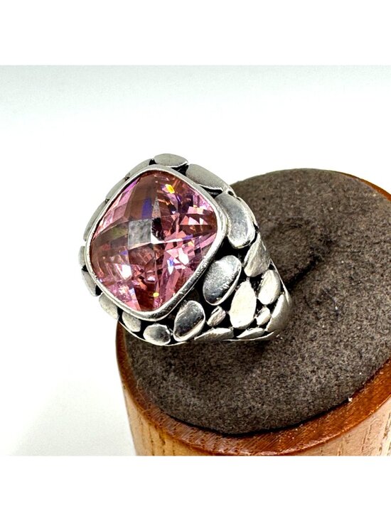 925 Sterling Silver Vintage Pebble Statement Ring Size 8.75  VTG Sterling Silver 925 Rose Quartz Bezel Set Pebble Design Ring Size 8.75